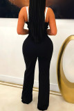 Casual Patchwork Backless Zipper Contrast Asymmetrical Collar Regular Jumpsuits