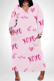 Casual Graffiti Print Heart Shaped Lips Pocket Contrast V Neck Printed Plus Size Dresses