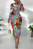 Casual Snakeskin Print Leopard Contrast O Neck Printed Dresses