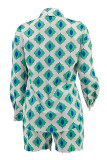 Casual Print Buckle Patchwork Turndown Collar Long Sleeve Two Pieces
