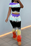 Casual Street Stripe Splashed ink printing Contrast O Neck Short Sleeve Two Pieces