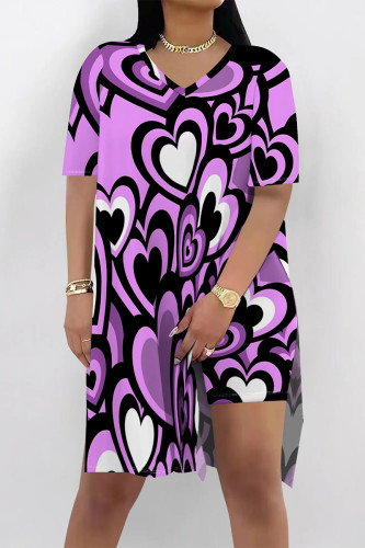 Casual Street Love Print Slit Contrast V Neck Short Sleeve Two Pieces