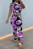 Casual Street Stripe Splashed ink printing Contrast O Neck Short Sleeve Two Pieces