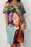 Casual Street Cartoon Print Letters Pocket Contrast V Neck Printed Plus Size Dresses