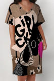 Casual Street Cartoon Print Letters Pocket Contrast V Neck Printed Plus Size Dresses