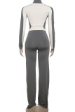 Casual Draw String Patchwork Zipper Contrast Zipper Collar Long Sleeve Two Pieces