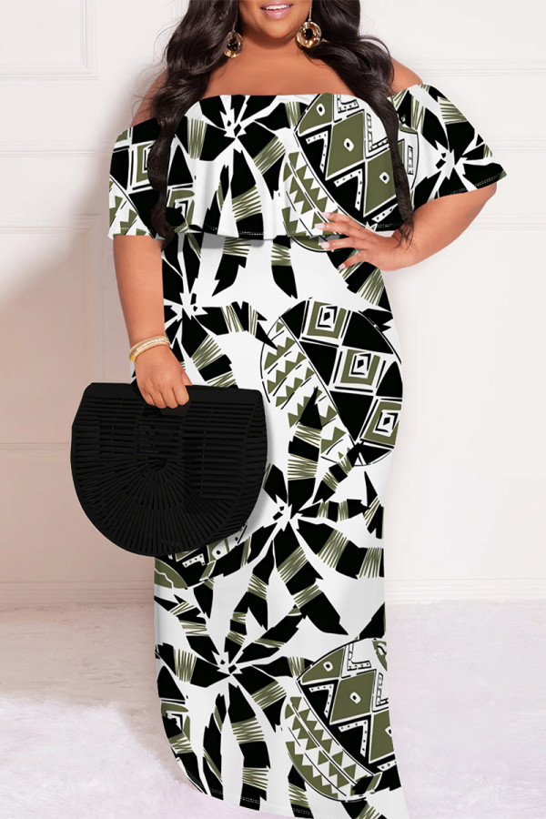 Sexy Plaid Floral Print Letters Ruffle Contrast Off Shoulder Printed Plus Size Dresses