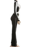 Casual Draw String Patchwork Zipper Contrast Zipper Collar Long Sleeve Two Pieces