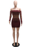 Sexy Party Patchwork Hot Drilling Backless Off Shoulder Wrapped Skirt Dresses