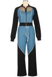 Casual Draw String Patchwork Zipper Contrast Zipper Collar Long Sleeve Two Pieces