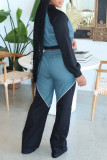 Casual Draw String Patchwork Zipper Contrast Zipper Collar Long Sleeve Two Pieces