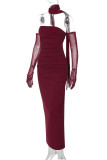 Elegant Solid Color Patchwork Backless Slit Strapless Three Pieces