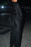 Casual Solid Color Patchwork Ruffled Trim U Neck Long Dresses