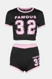Casual Digital Letter Print Patchwork O Neck Short Sleeve Two Pieces