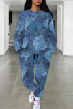 Casual Street Letters Faux Denim Print Draw String Pocket Contrast O Neck Long Sleeve Two Pieces