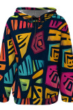 Casual Print Draw String Pocket Patchwork Hooded Tops