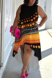 Casual Print Patchwork O Neck Irregular Plus Size Dresses