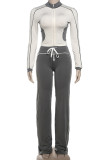 Casual Draw String Patchwork Zipper Contrast Zipper Collar Long Sleeve Two Pieces