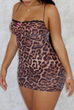 Sexy Leopard Print Patchwork Backless Spaghetti Strap Sling Dresses