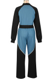 Casual Draw String Patchwork Zipper Contrast Zipper Collar Long Sleeve Two Pieces