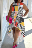 Casual Print Patchwork O Neck Irregular Plus Size Dresses