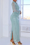 Sexy Party Patchwork Sequins Belted V Neck Long Sleeve Two Pieces