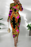 Casual Street Floral Print Contrast O Neck Printed Dresses