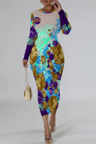 Casual Street Floral Print Contrast O Neck Printed Dresses
