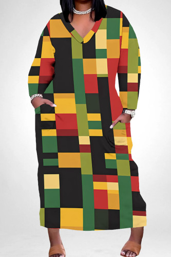 Casual Print Pocket Patchwork V Neck Long Plus Size Dresses