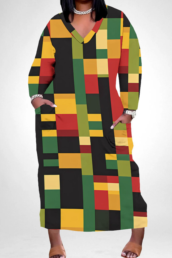 Casual Print Pocket Patchwork V Neck Long Plus Size Dresses