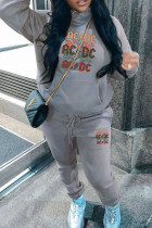 Casual Print Draw String Pocket Patchwork Hooded Long Sleeve Two Pieces