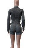 Casual Solid Color Patchwork With Belt Zipper Zipper Collar Long Sleeve Two Pieces