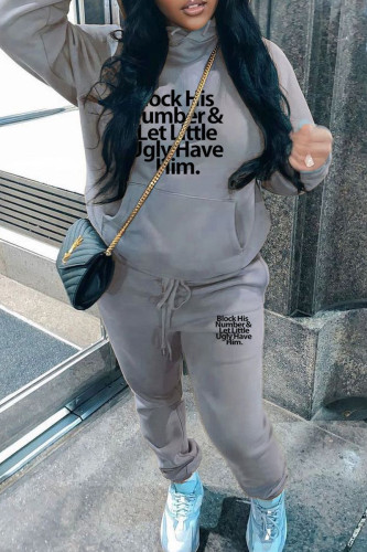 Casual Letters Draw String Pocket Patchwork Hooded Long Sleeve Two Pieces