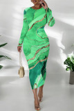 Casual Street Flowers Snakeskin Print Gradient Leopard Contrast O Neck Printed Dresses