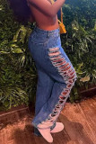 Casual Solid Color Ripped Pocket Patchwork Mid Waist Loose Denim Jeans