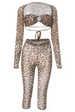 Casual Leopard Print Hollow Out Patchwork Asymmetrical Collar Long Sleeve Two Pieces