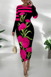 Casual Street Floral Print Contrast O Neck Printed Dresses
