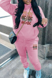 Casual Print Draw String Pocket Patchwork Hooded Long Sleeve Two Pieces
