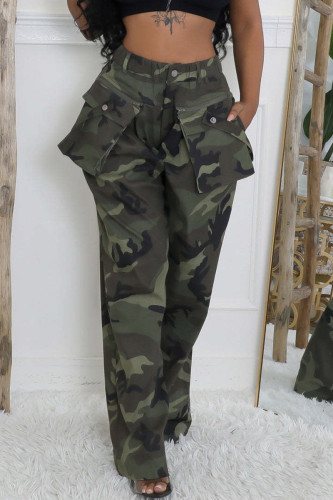 Casual Camouflage Print Pocket Buttons Patchwork Zipper Loose Mid Waist Full Print Bottoms