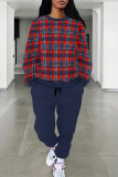 Casual Street Plaid Ombre Print Pocket Lace Up Contrast O Neck Long Sleeve Two Pieces