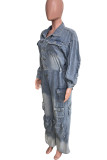 Casual Solid Color Pocket Buckle Patchwork With Belt Turndown Collar Long Sleeve Regular Denim Jumpsuits