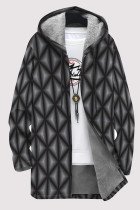 Casual Geometric Print Pocket Zipper Contrast Fleece-lined Hooded Outerwear
