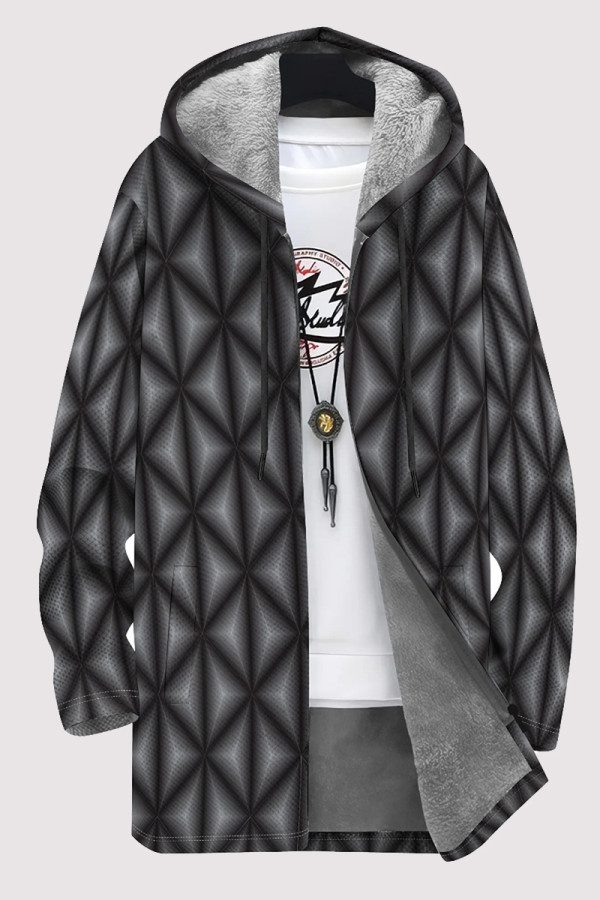 Casual Geometric Print Pocket Zipper Contrast Fleece-lined Hooded Outerwear