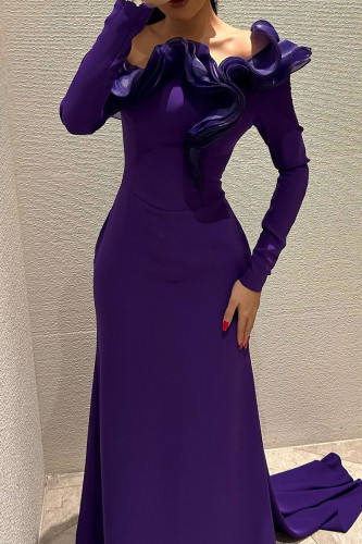 Elegant Solid Color Patchwork Backless Ruffled Trim Off Shoulder Evening Dresses