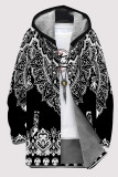 Casual Geometric Print Pocket Zipper Contrast Fleece-lined Hooded Outerwear