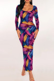 Casual Print Patchwork U Neck Long Dresses