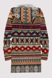 Casual Geometric Print Pocket Zipper Contrast Fleece-lined Hooded Outerwear
