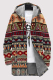 Casual Geometric Print Pocket Zipper Contrast Fleece-lined Hooded Outerwear