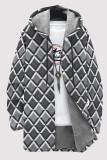 Casual Geometric Print Pocket Zipper Contrast Fleece-lined Hooded Outerwear
