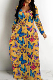 Casual Print Patchwork V Neck Long Dresses